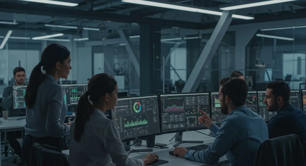 Analysts reviewing data dashboards on multiple screens in a modern office